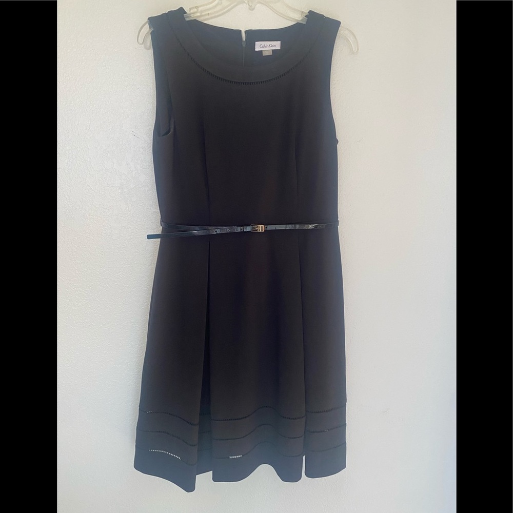 Calvin Klein fit and flare sleeveless black dress with belt. Size 10